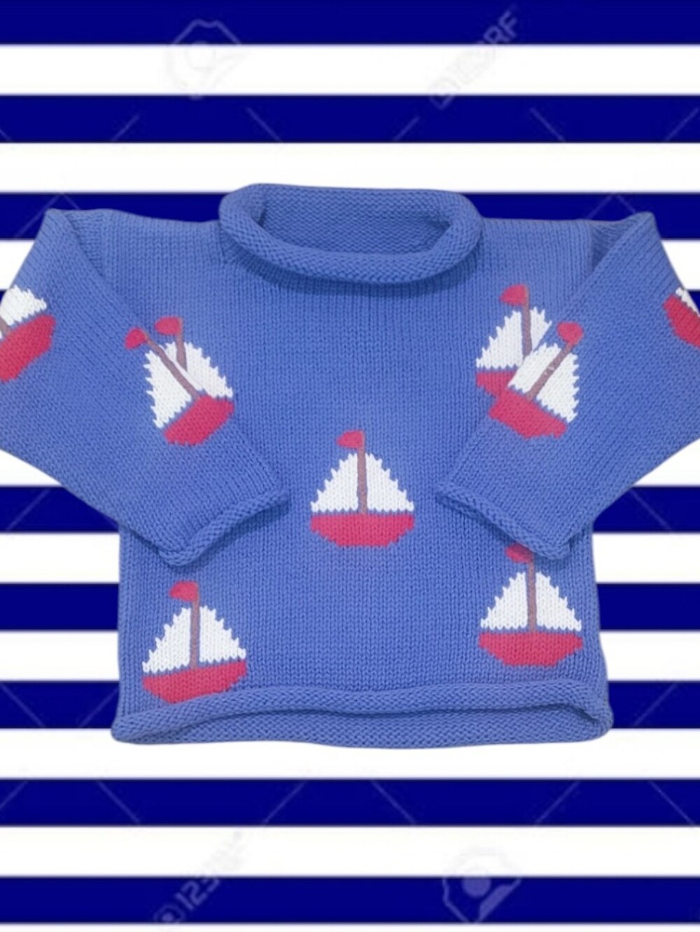 Claver Unisex Blue Knit Rolled Neck Sweater with Sailboat Motif